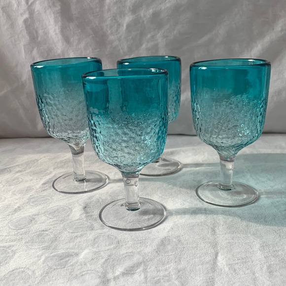 4 Piece Blue Water Glasses Footed, Dimpled Design - Picture 1 of 3